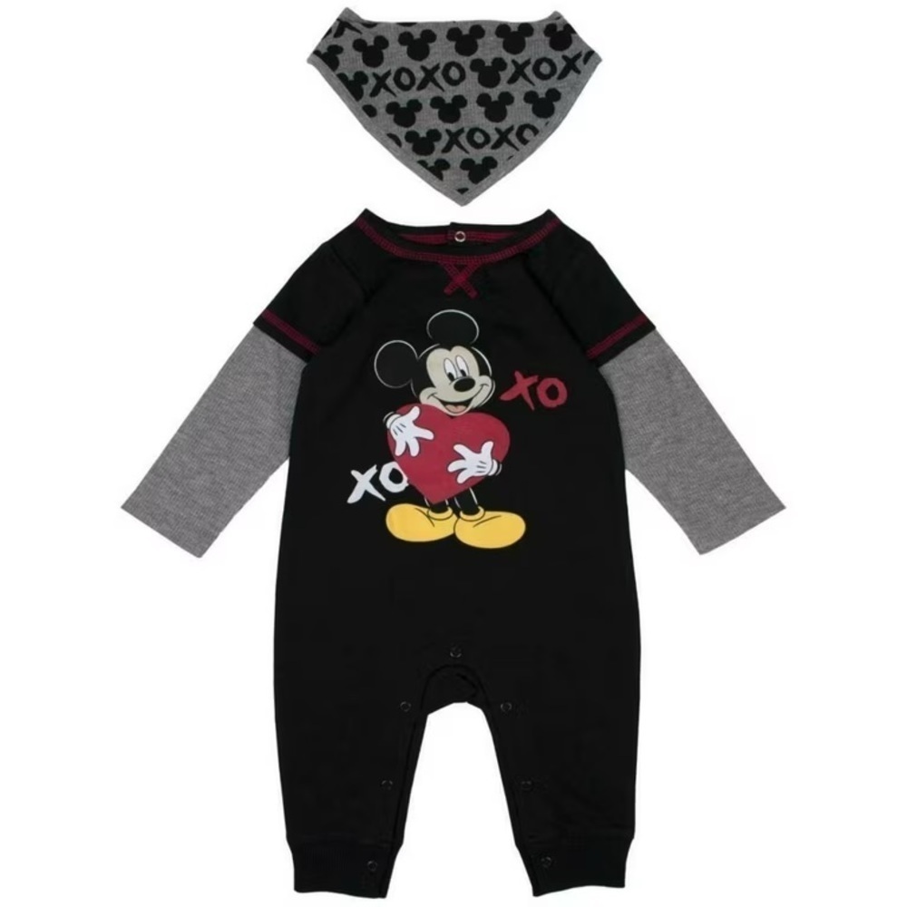 DISNEY MICKEY MOUSE HUGS & KISSES ROMPER W/ BIB - BLACK MULTI SIZES (NWT) A12